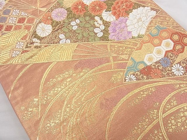 平和屋着物◎六通柄袋帯 唐織 扇面花文 金糸 逸品 BAAJ9840cm