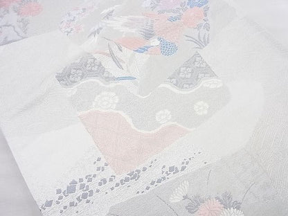 平和屋着物◎六通柄袋帯 唐織 花鳥文 銀糸 逸品 BAAJ9845cm
