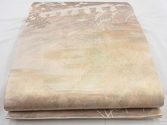 平和屋着物◎六通柄袋帯 風景花文 引箔 逸品 BAAJ9868cm