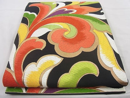 平和屋着物◎六通柄袋帯 唐織 唐草文 黒地 金糸 逸品 BAAJ9858cm