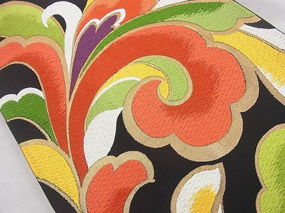 平和屋着物◎六通柄袋帯 唐織 唐草文 黒地 金糸 逸品 BAAJ9858cm