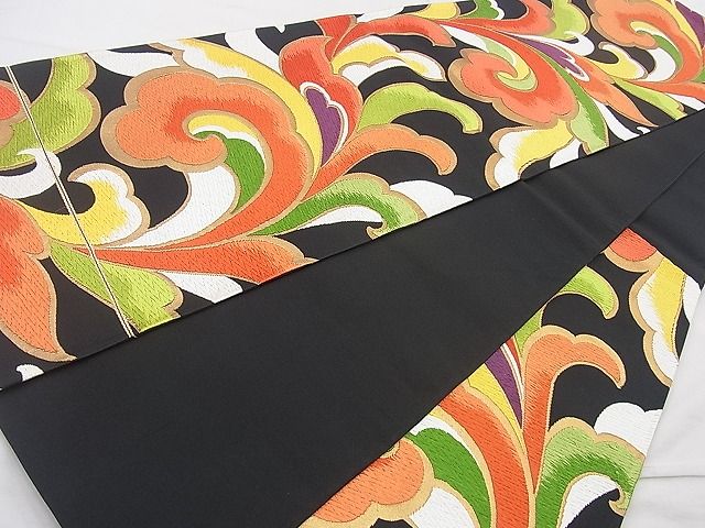 平和屋着物◎六通柄袋帯 唐織 唐草文 黒地 金糸 逸品 BAAJ9858cm