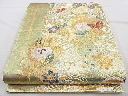 平和屋着物◎六通柄袋帯 流水花丸文 金糸 逸品 BAAJ9866cm