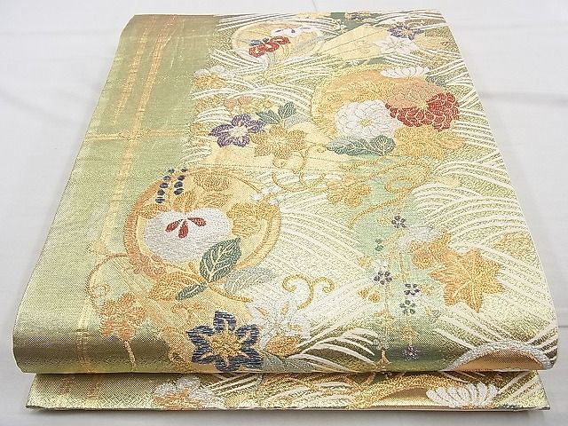 平和屋着物◎六通柄袋帯 流水花丸文 金糸 逸品 BAAJ9866cm