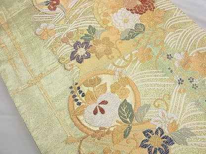 平和屋着物◎六通柄袋帯 流水花丸文 金糸 逸品 BAAJ9866cm