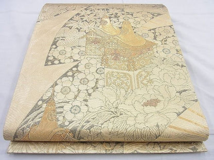 平和屋着物◎六通柄袋帯 扇面花文 金糸 逸品 BAAJ9889cm