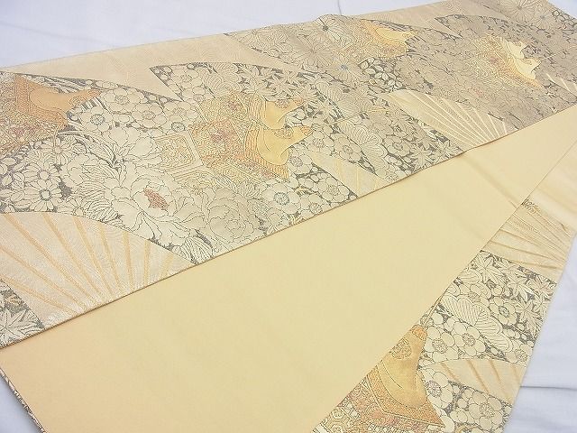 平和屋着物◎六通柄袋帯 扇面花文 金糸 逸品 BAAJ9889cm