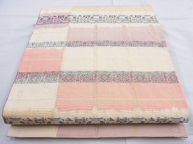 平和屋着物◎全通柄袋帯 横段人物花文 金糸 逸品 BAAJ9882cm
