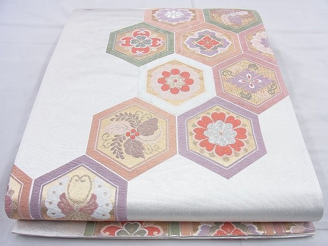 平和屋着物◎六通柄袋帯 唐織 亀甲花文 金銀糸 逸品 BAAJ9890cm