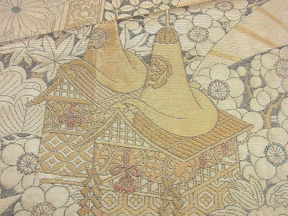 平和屋着物◎六通柄袋帯 扇面花文 金糸 逸品 BAAJ9889cm