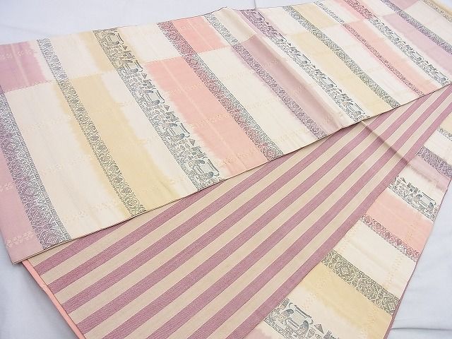 平和屋着物◎全通柄袋帯 横段人物花文 金糸 逸品 BAAJ9882cm