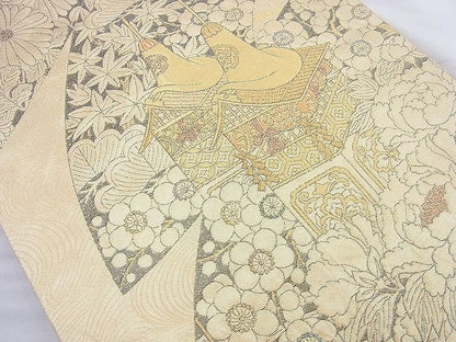 平和屋着物◎六通柄袋帯 扇面花文 金糸 逸品 BAAJ9889cm