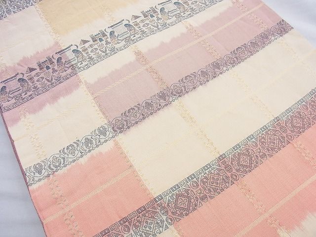 平和屋着物◎全通柄袋帯 横段人物花文 金糸 逸品 BAAJ9882cm