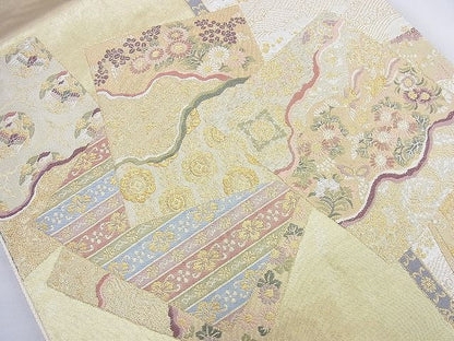 平和屋着物◎太鼓柄袋帯 唐織 色紙草花文 金糸 引箔 逸品 BAAK6005cm