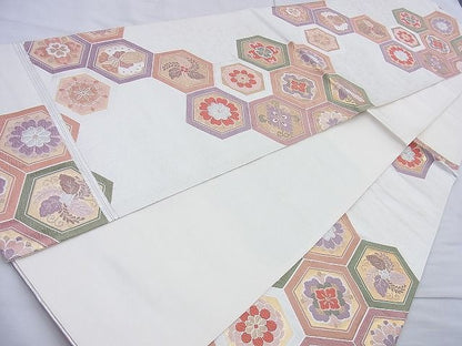 平和屋着物◎六通柄袋帯 唐織 亀甲花文 金銀糸 逸品 BAAJ9890cm