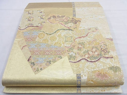平和屋着物◎太鼓柄袋帯 唐織 色紙草花文 金糸 引箔 逸品 BAAK6005cm
