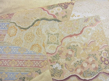 平和屋着物◎太鼓柄袋帯 唐織 色紙草花文 金糸 引箔 逸品 BAAK6005cm