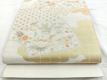 平和屋着物◎太鼓柄袋帯 地紙飛鶴花文 金彩銀糸 逸品 BAAK6045cm