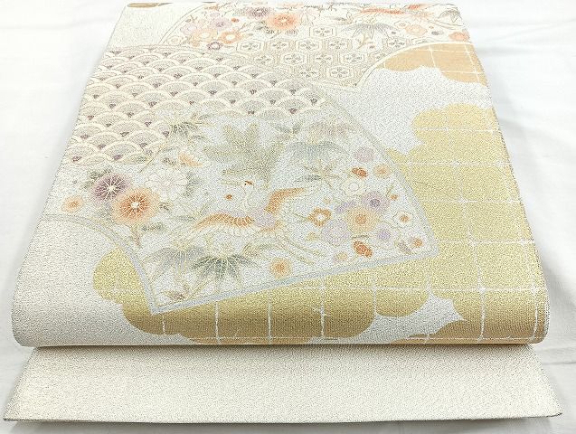平和屋着物◎太鼓柄袋帯 地紙飛鶴花文 金彩銀糸 逸品 BAAK6045cm
