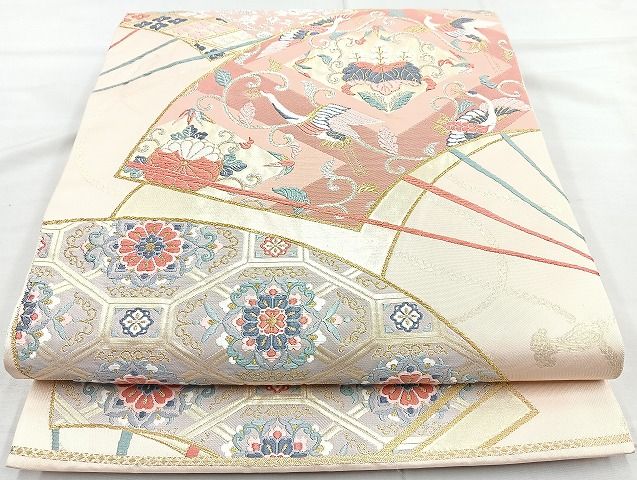 平和屋着物◎六通柄袋帯 唐織 扇面飛鶴花文 金銀糸 逸品 BAAK6050cm