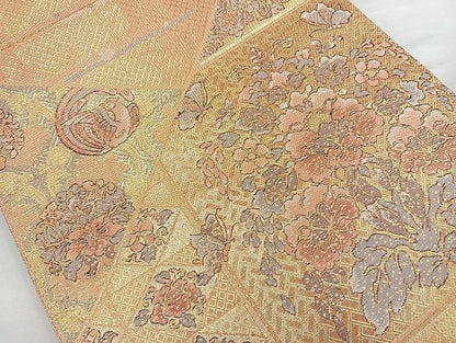 平和屋着物◎佐賀錦 六通柄袋帯 草花文 金糸 逸品 BAAK6048cm