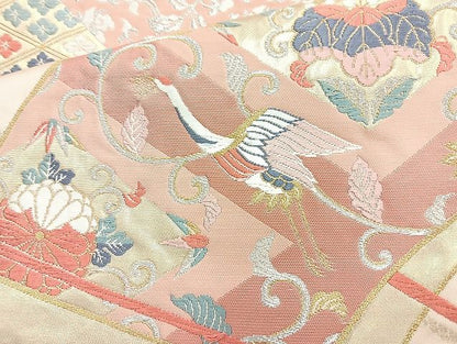 平和屋着物◎六通柄袋帯 唐織 扇面飛鶴花文 金銀糸 逸品 BAAK6050cm
