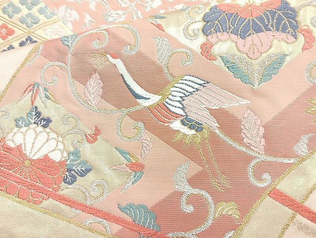 平和屋着物◎六通柄袋帯 唐織 扇面飛鶴花文 金銀糸 逸品 BAAK6050cm