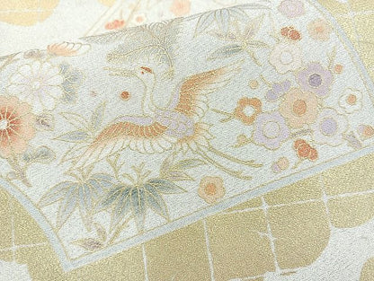 平和屋着物◎太鼓柄袋帯 地紙飛鶴花文 金彩銀糸 逸品 BAAK6045cm