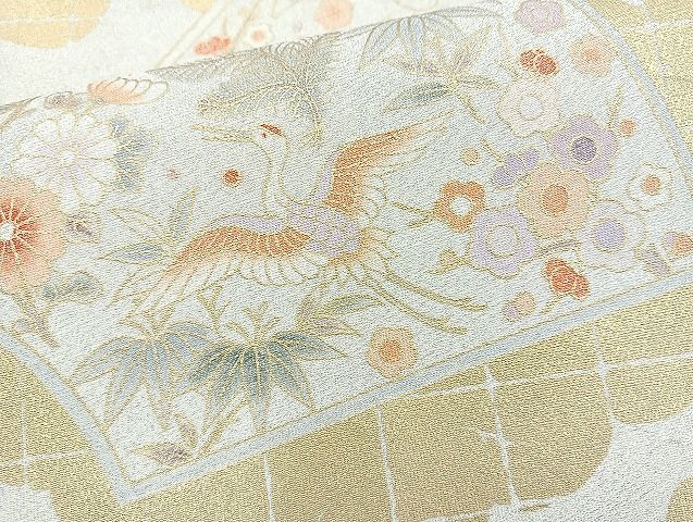 平和屋着物◎太鼓柄袋帯 地紙飛鶴花文 金彩銀糸 逸品 BAAK6045cm