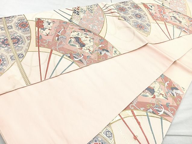 平和屋着物◎六通柄袋帯 唐織 扇面飛鶴花文 金銀糸 逸品 BAAK6050cm