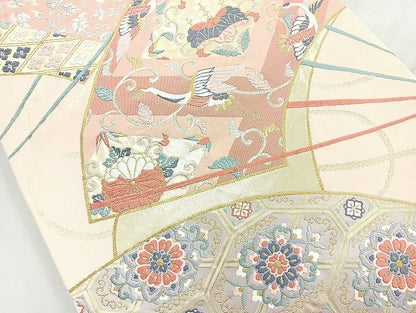 平和屋着物◎六通柄袋帯 唐織 扇面飛鶴花文 金銀糸 逸品 BAAK6050cm