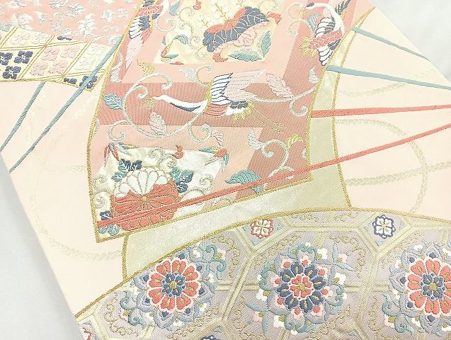 平和屋着物◎六通柄袋帯 唐織 扇面飛鶴花文 金銀糸 逸品 BAAK6050cm
