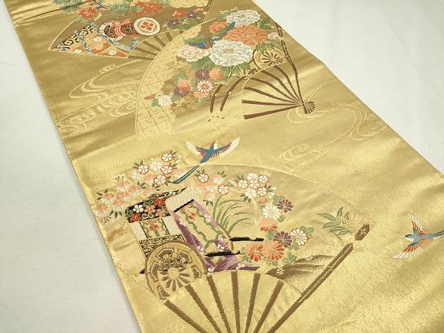 平和屋着物◎六通太鼓柄袋帯 唐織 扇面花車文 金糸 逸品 CAAI1209ku
