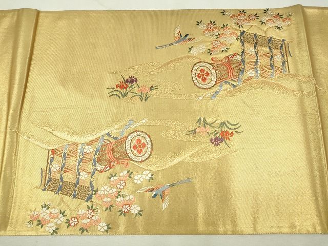 平和屋着物◎六通太鼓柄袋帯 唐織 扇面花車文 金糸 逸品 CAAI1209ku
