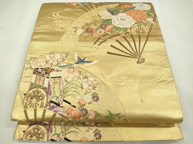 平和屋着物◎六通太鼓柄袋帯 唐織 扇面花車文 金糸 逸品 CAAI1209ku
