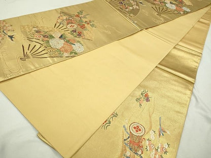 平和屋着物◎六通太鼓柄袋帯 唐織 扇面花車文 金糸 逸品 CAAI1209ku