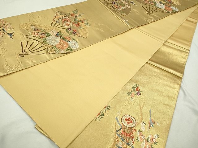 平和屋着物◎六通太鼓柄袋帯 唐織 扇面花車文 金糸 逸品 CAAI1209ku