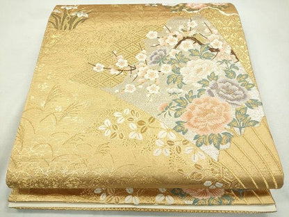 平和屋着物◎六通柄袋帯 扇面花鳥文 金銀糸 逸品 CAAI1212ku