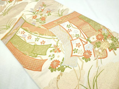 平和屋着物◎六通柄袋帯 几帳草花文 金糸 逸品 CAAI1227ku