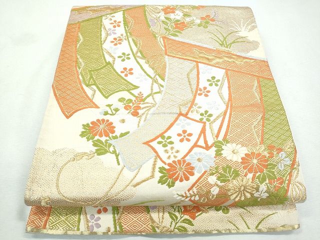 平和屋着物◎六通柄袋帯 几帳草花文 金糸 逸品 CAAI1227ku