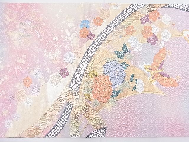 平和屋着物◎六通柄袋帯 唐織 熨斗扇面花蝶文 金糸 逸品 BAAK5186ns
