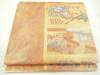 平和屋着物◎六通柄袋帯 扇面御所車風景草花文 金糸 逸品 CAAI1243ku
