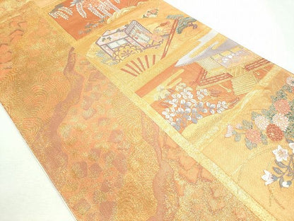 平和屋着物◎六通柄袋帯 扇面御所車風景草花文 金糸 逸品 CAAI1243ku