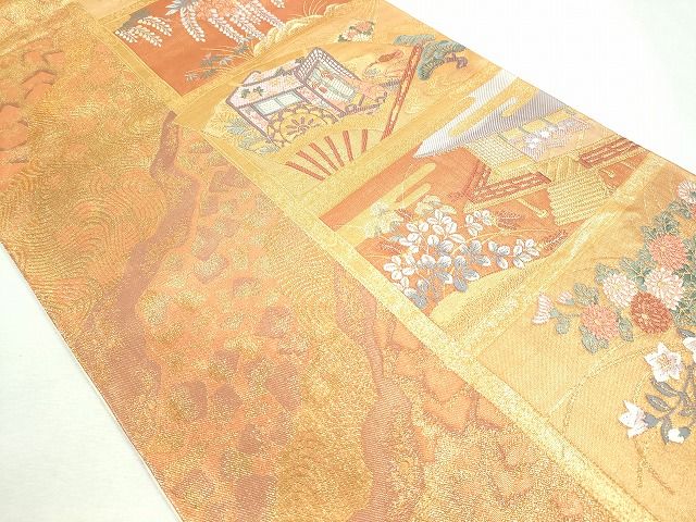 平和屋着物◎六通柄袋帯 扇面御所車風景草花文 金糸 逸品 CAAI1243ku