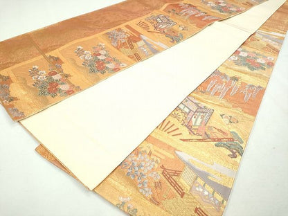 平和屋着物◎六通柄袋帯 扇面御所車風景草花文 金糸 逸品 CAAI1243ku