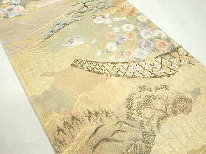 平和屋着物◎六通柄袋帯 流水鴛鴦草花文 金糸 逸品 CAAI1258ku