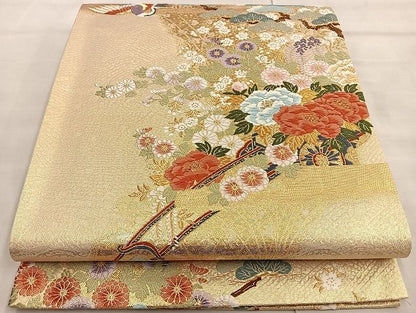 平和屋着物■六通柄袋帯 唐織 花車鶴松文 金糸 逸品 BAAK2388ea
