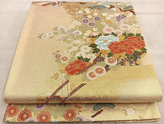 平和屋着物■六通柄袋帯 唐織 花車鶴松文 金糸 逸品 BAAK2388ea