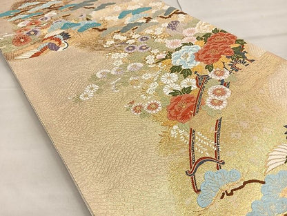平和屋着物■六通柄袋帯 唐織 花車鶴松文 金糸 逸品 BAAK2388ea