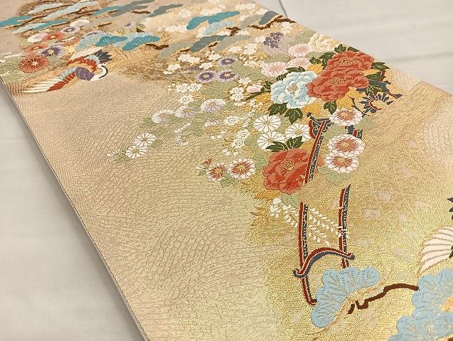 平和屋着物■六通柄袋帯 唐織 花車鶴松文 金糸 逸品 BAAK2388ea